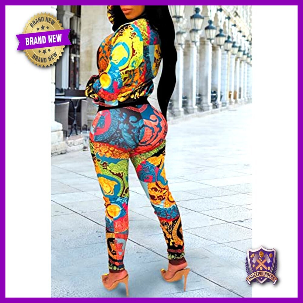 Floral Print 2-Piece Legging Set, Long Sleeve Zipper Jacket, High Waist Bodycon - Picture 3 of 7